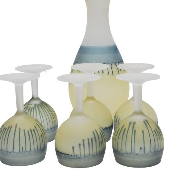 MCM French Drip Glass Carafe Decanter & 6x Small Wine Glasses Blue Yellow Handma - Picture 2 of 10